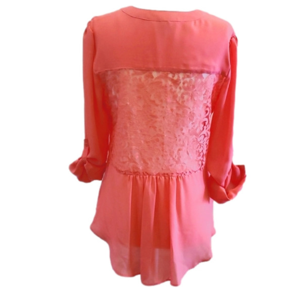 CANDIE'S Coral Flowy Button-Down Lace Semi Sheer Top Sz Medium - Picture 2 of 6